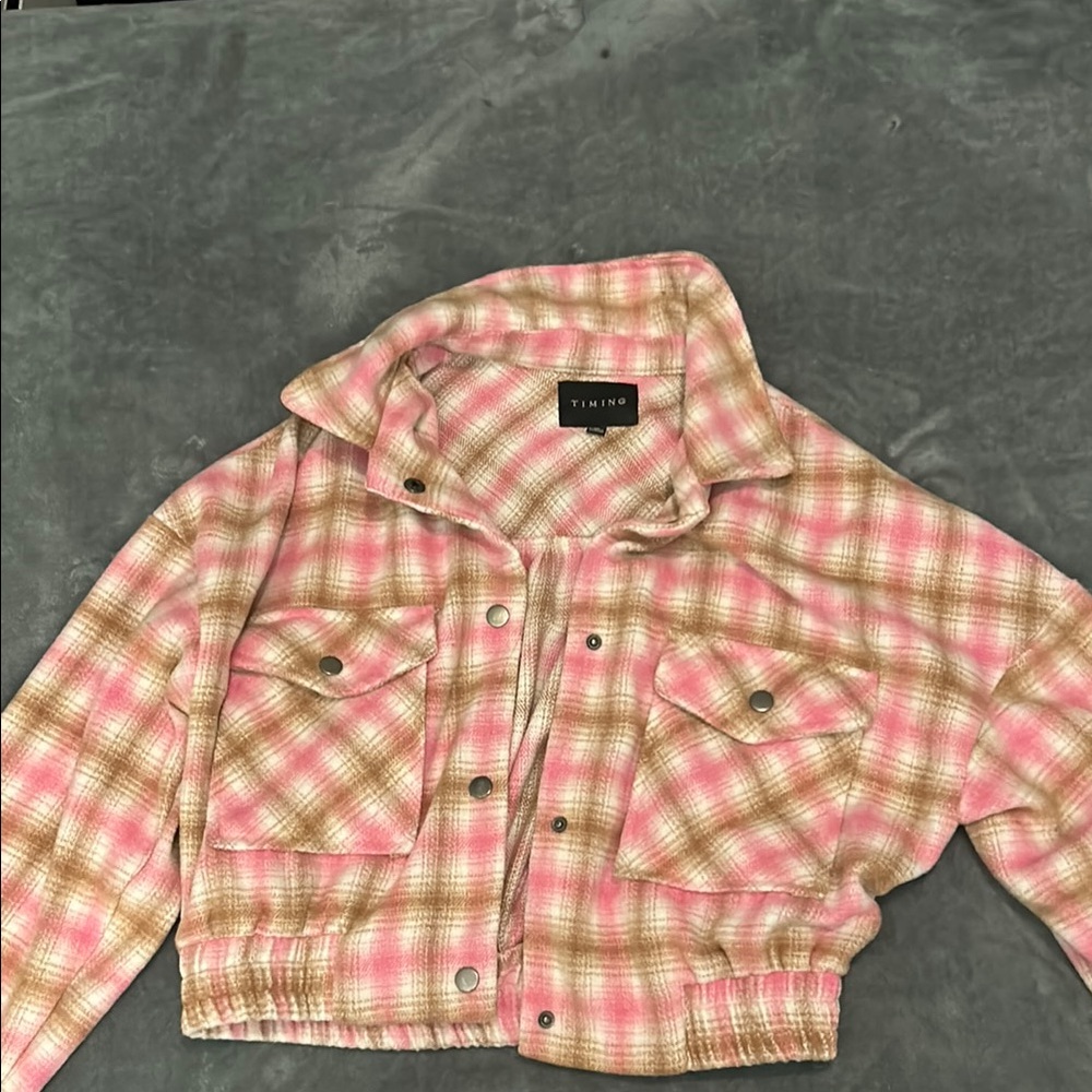 Pink and Tan Plaid Cropped Jacket